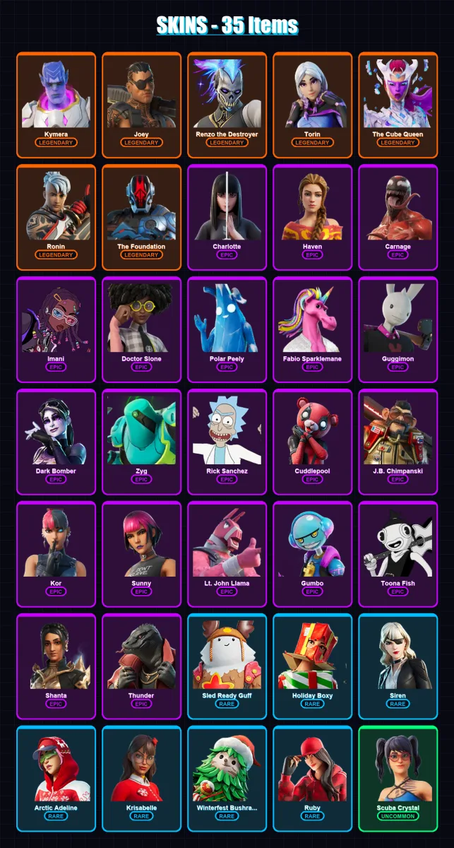 [PS4/PS5/XBOX/PC] | Kymera | Joey | Renzo the Destroyer | Torin | The Cube Queen | 35 skin | 61 pickaxe | 56 emote | 52 glider | Lv675