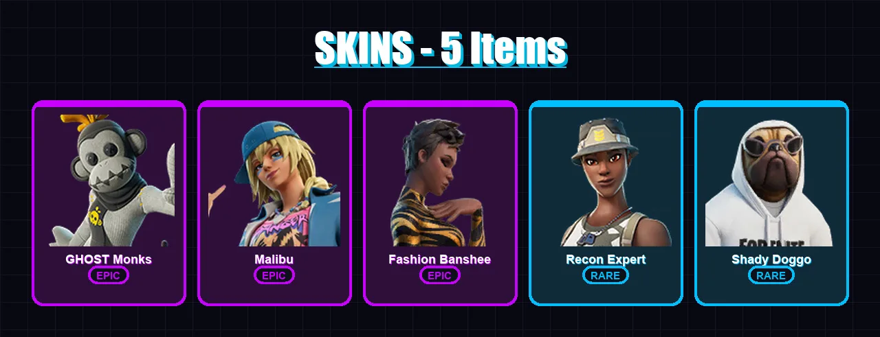 [PC/XBOX/PSN] | GHOST Monks | Malibu | Fashion Banshee | Recon Expert | Shady Doggo | 5 skin | 16 pickaxe | 11 emote | 11 glider | Lv135