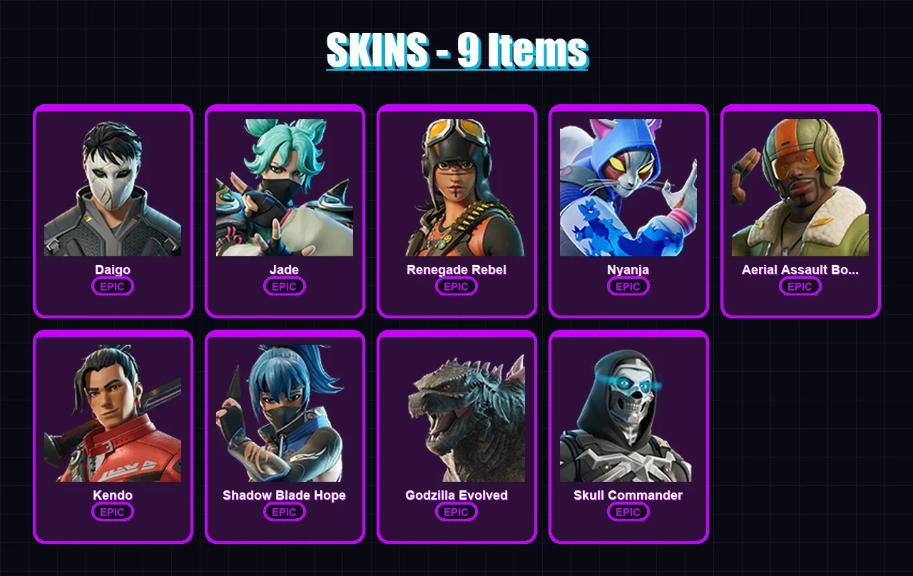 [PC/XBOX/PSN] | Daigo | Jade | Renegade Rebel | Nyanja | Aerial Assault Bomber | 9 skin | 14 pickaxe | 12 emote | 12 glider | Lv94