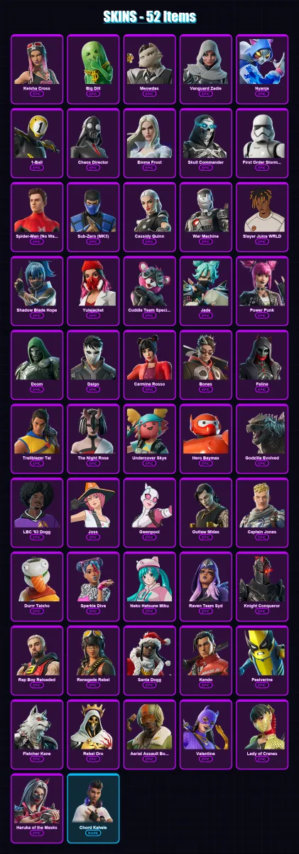 [PS4/PS5/XBOX/PC] | Keisha Cross | Big Dill | Meowdas | Vanguard Zadie | Nyanja | 52 skin | 100 pickaxe | 67 emote | 58 glider | Lv1164 — Fortnite account