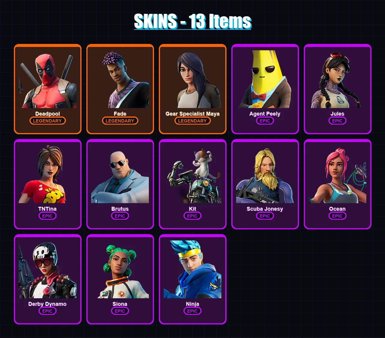 [PC/XBOX/PSN] | Deadpool | Fade | Gear Specialist Maya | Agent Peely | Jules | 13 skin | 17 pickaxe | 19 emote | 17 glider | Lv195