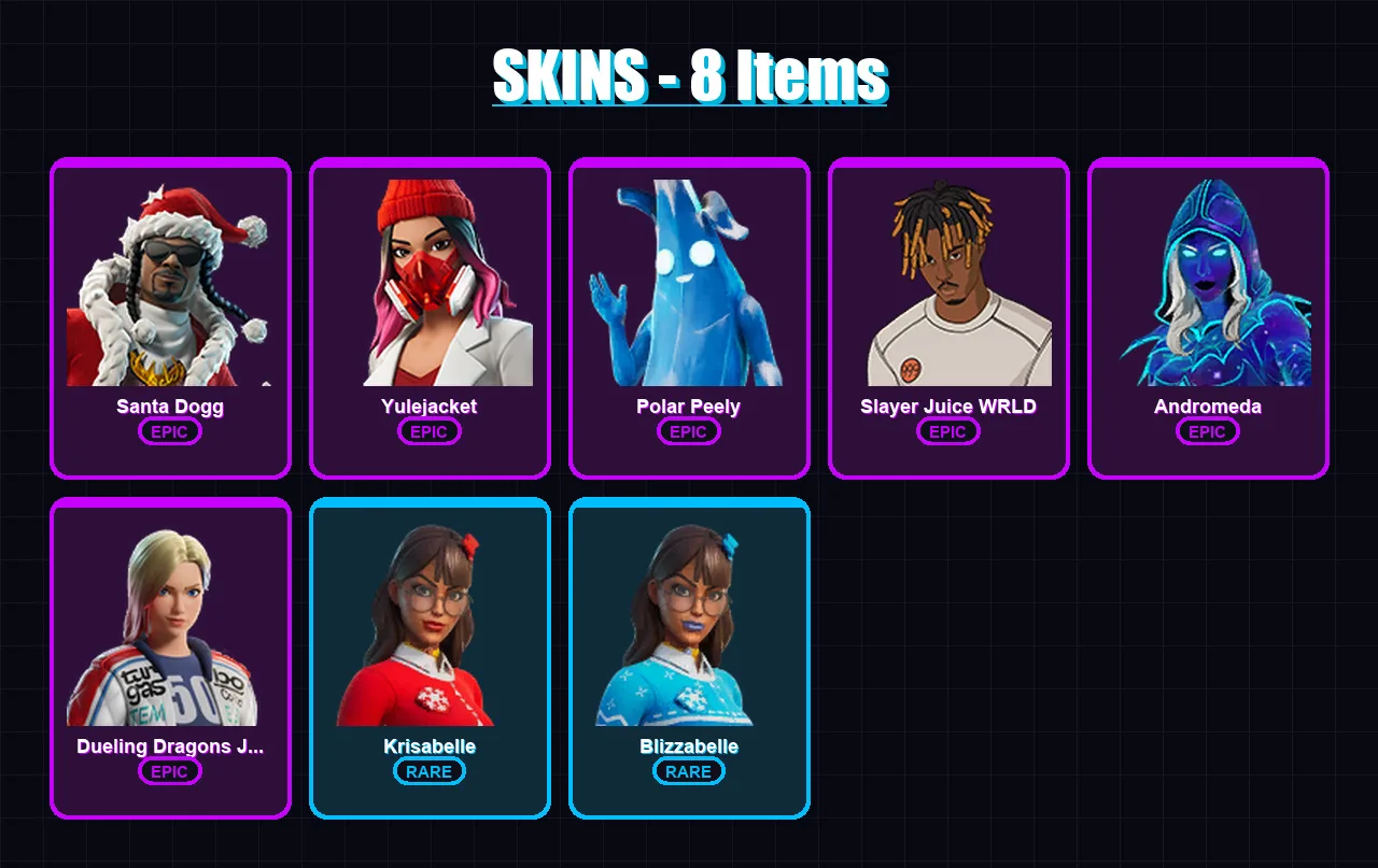 [PC/PSN] | Santa Dogg | Yulejacket | Polar Peely | Slayer Juice WRLD | Andromeda | 8 skin | 15 pickaxe | 13 emote | 11 glider | Lv219