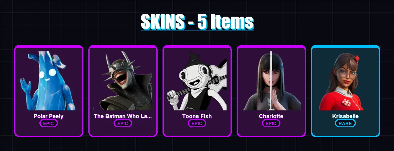 [PS4/PS5/XBOX/PC] | Polar Peely | The Batman Who Laughs | Toona Fish | Charlotte | Krisabelle | 5 skin | 18 pickaxe | 18 emote | 14 glider | Lv203
