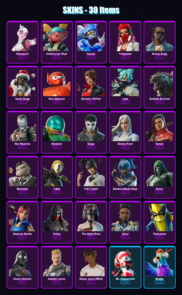 [PC/PSN] | Gwenpool | Undercover Skye | Nyanja | Yulejacket | Snoop Dogg | 30 skin | 63 pickaxe | 40 emote | 43 glider | Lv788
