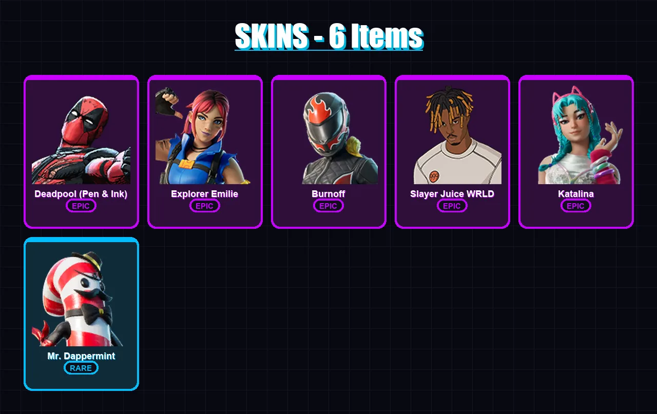 [PC/XBOX] | Deadpool (Pen & Ink) | Explorer Emilie | Burnoff | Slayer Juice WRLD | Katalina | 6 skin | 24 pickaxe | 16 emote | 8 glider | Lv242