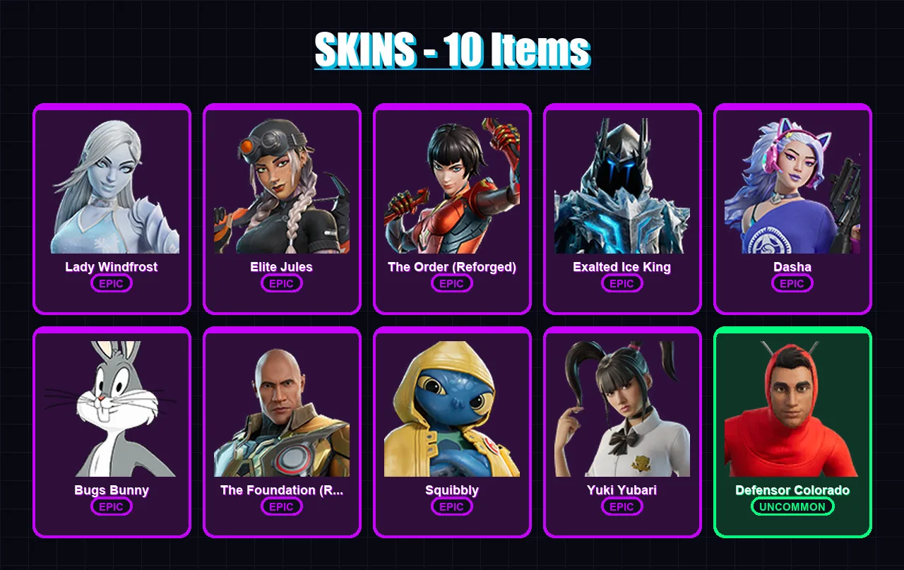 [PC/XBOX/PSN] | Lady Windfrost | Elite Jules | The Order (Reforged) | Exalted Ice King | Dasha | 10 skin | 52 pickaxe | 22 emote | 36 glider | Lv376