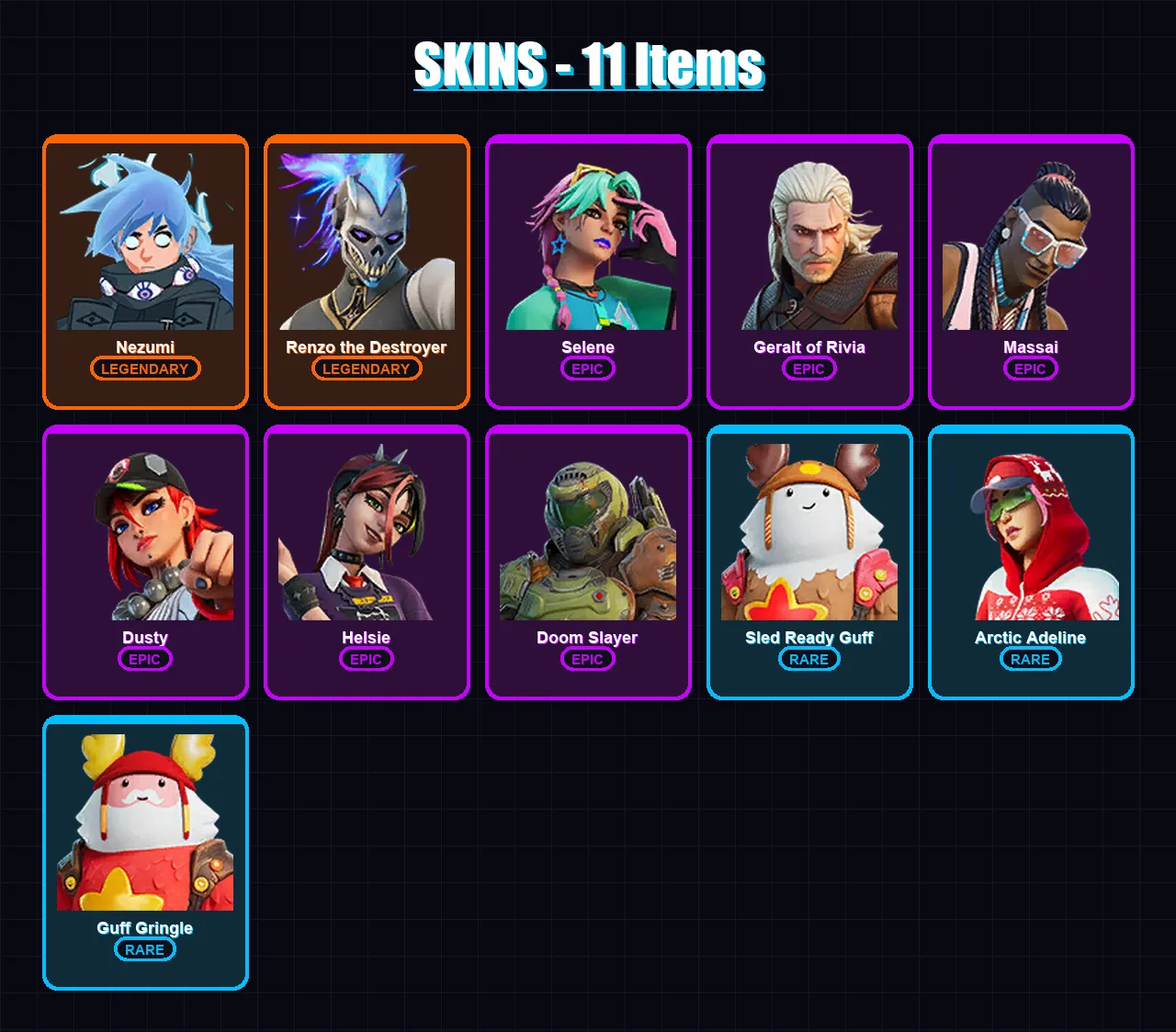 [PC/XBOX/PSN] | Nezumi | Renzo the Destroyer | Selene | Geralt of Rivia | Massai | 11 skin | 19 pickaxe | 20 emote | 24 glider | Lv332