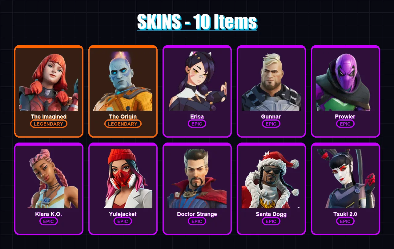 [PC/XBOX/PSN] | The Imagined | The Origin | Erisa | Gunnar | Prowler | 10 skin | 14 pickaxe | 9 emote | 12 glider | Lv153