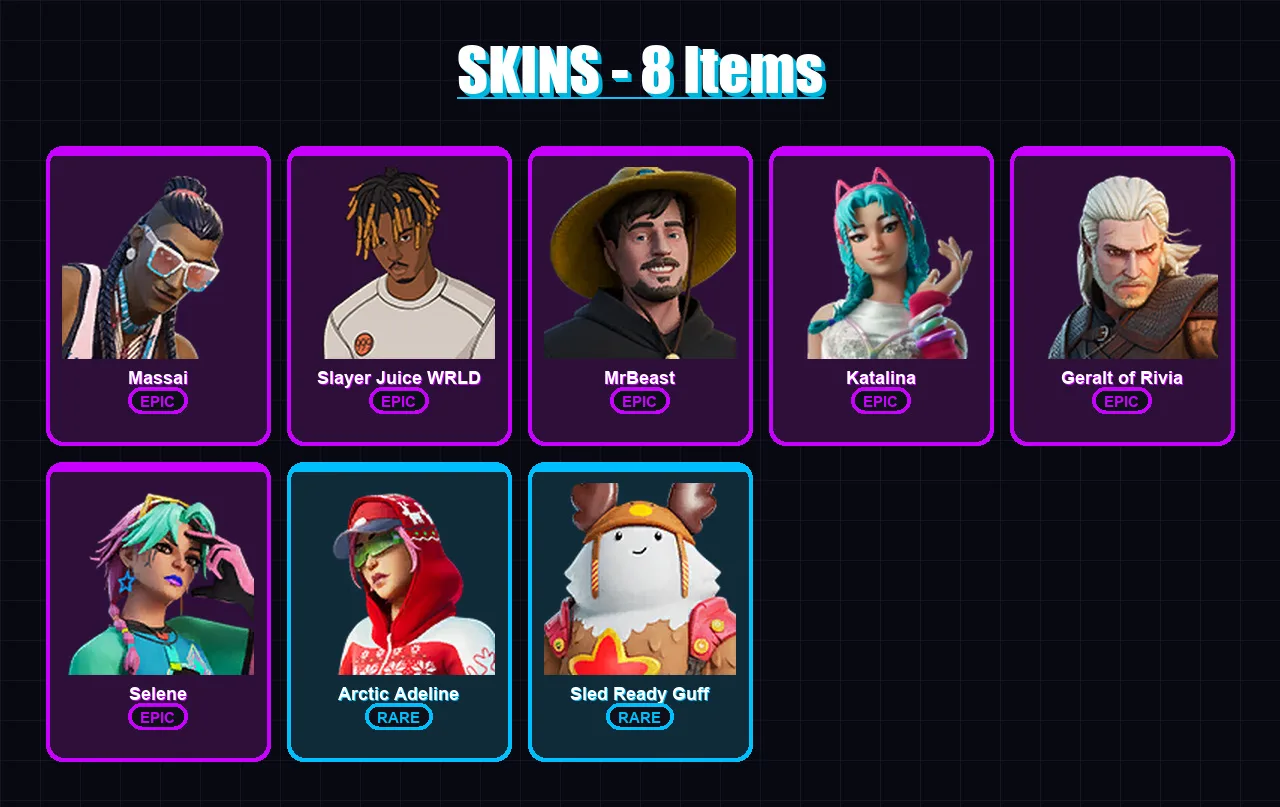 [PC/PSN] | Massai | Slayer Juice WRLD | MrBeast | Katalina | Geralt of Rivia | 8 skin | 13 pickaxe | 14 emote | 12 glider | Lv127