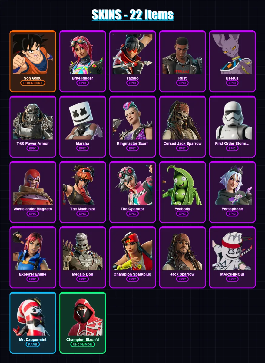 [PC/XBOX/PSN] | Son Goku | Brite Raider | Tatsuo | Rust | Beerus | 22 skin | 30 pickaxe | 19 emote | 19 glider | Lv156