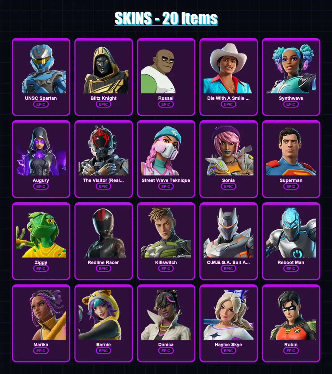 [PC/XBOX/PSN] | UNSC Spartan | Blitz Knight | Russel | Die With A Smile Bruno | Synthwave | 20 skin | 21 pickaxe | 16 emote | 13 glider | Lv72 — Fortnite account