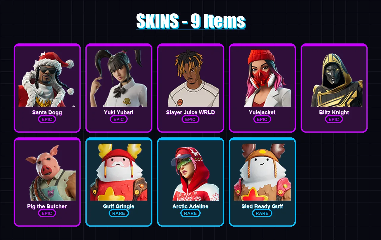 [PC/XBOX/PSN] | Santa Dogg | Yuki Yubari | Slayer Juice WRLD | Yulejacket | Blitz Knight | 9 skin | 56 pickaxe | 21 emote | 40 glider | Lv522