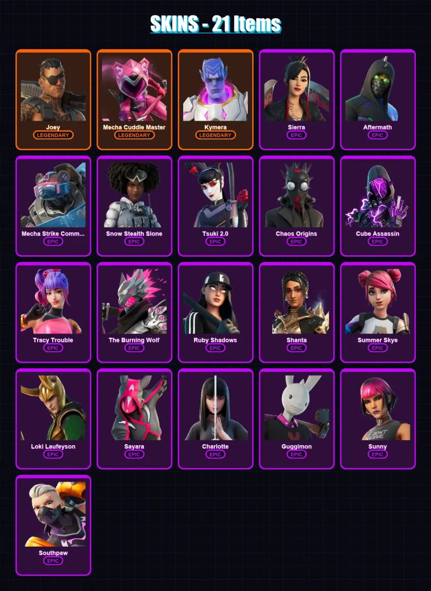 [PC/XBOX/PSN] | Joey | Mecha Cuddle Master | Kymera | Sierra | Aftermath | 21 skin | 19 pickaxe | 5 emote | 7 glider | Lv56