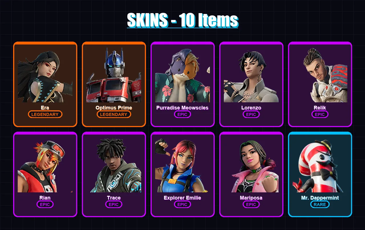 [PC/XBOX/PSN] | Era | Optimus Prime | Purradise Meowscles | Lorenzo | Relik | 10 skin | 12 pickaxe | 8 emote | 11 glider | Lv182