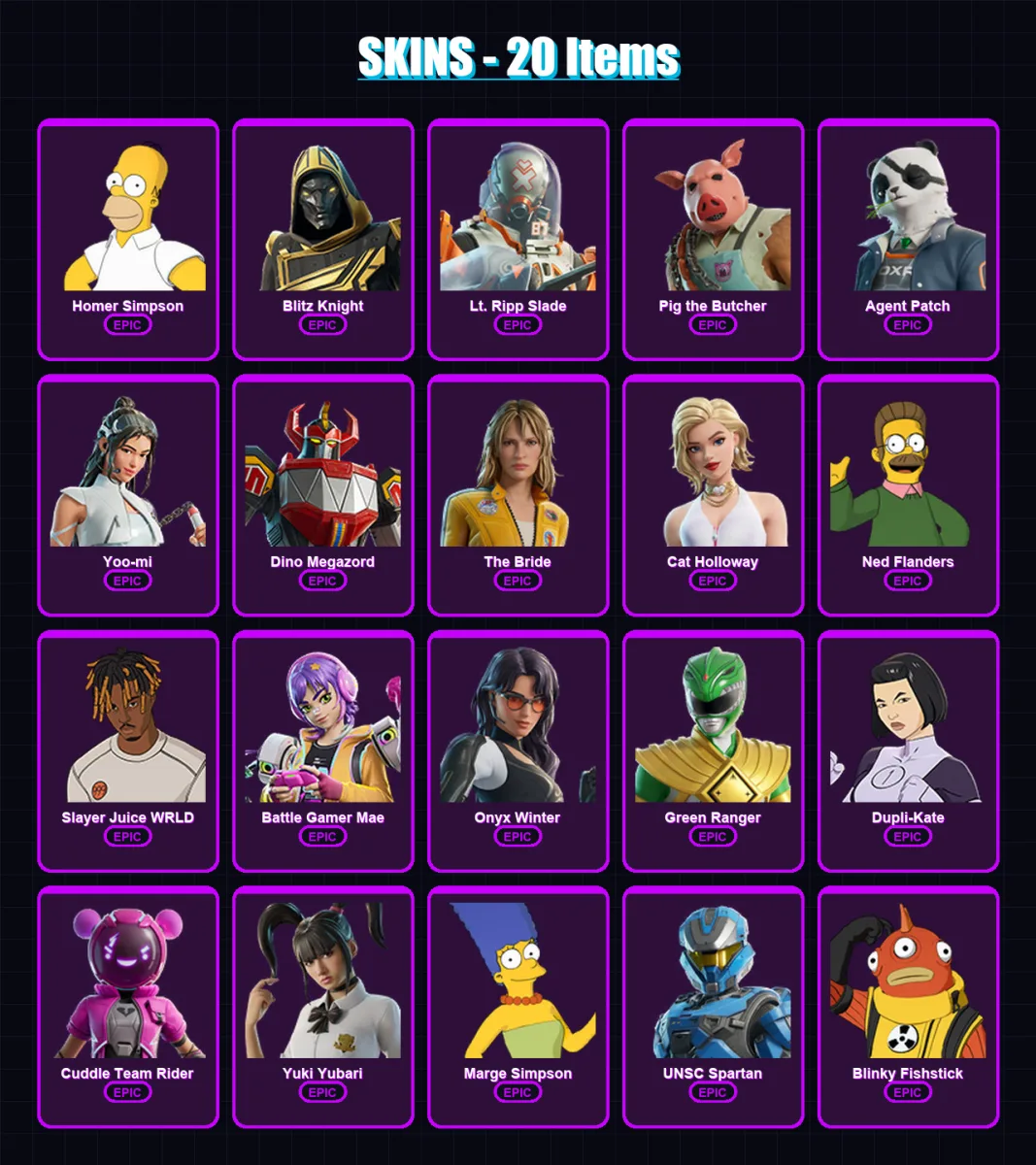 [PC/XBOX] | Homer Simpson | Blitz Knight | Lt. Ripp Slade | Pig the Butcher | Agent Patch | 20 skin | 67 pickaxe | 31 emote | 40 glider | Lv490 — Fortnite account