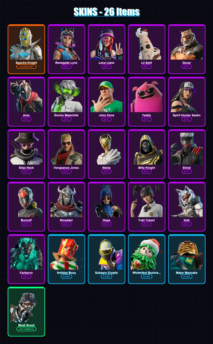 [PC] | Spectra Knight | Renegade Lynx | Lana Llane | Lil Split | Oscar | 26 skin | 68 pickaxe | 21 emote | 43 glider | Lv449
