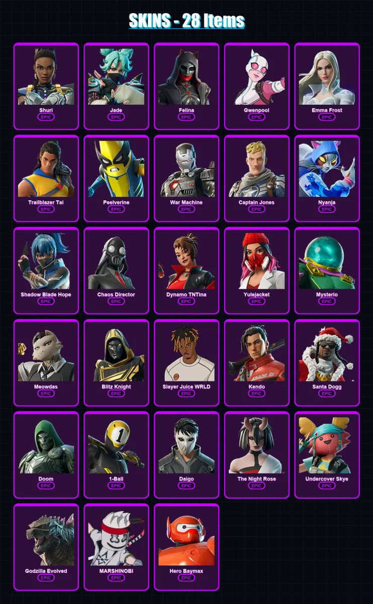 [PS4/PS5/XBOX/PC] | Shuri | Jade | Felina | Gwenpool | Emma Frost | 28 skin | 47 pickaxe | 29 emote | 29 glider | Lv419