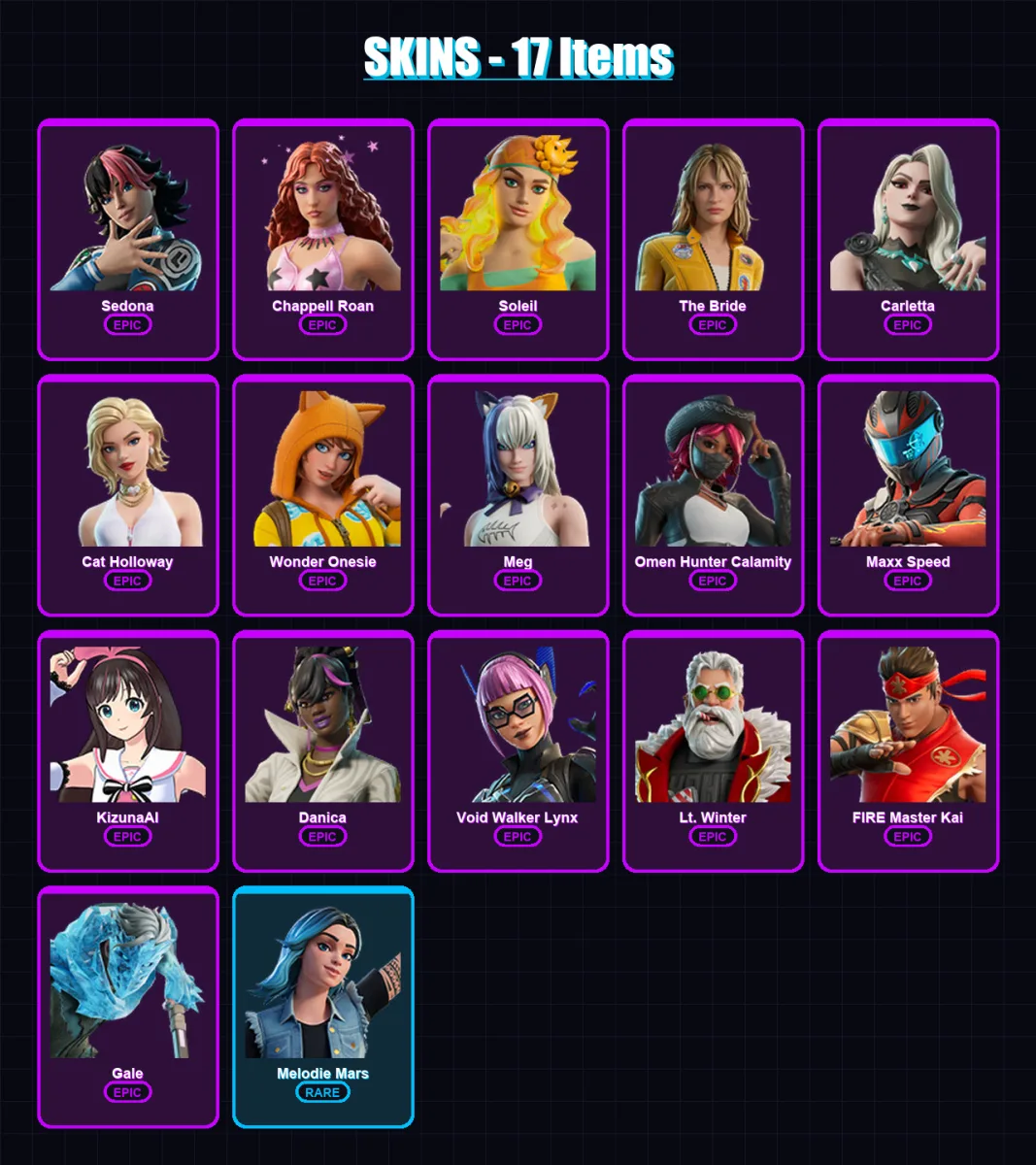 [PC/PSN] | Sedona | Chappell Roan | Soleil | The Bride | Carletta | 17 skin | 17 pickaxe | 14 emote | 11 glider | Lv75