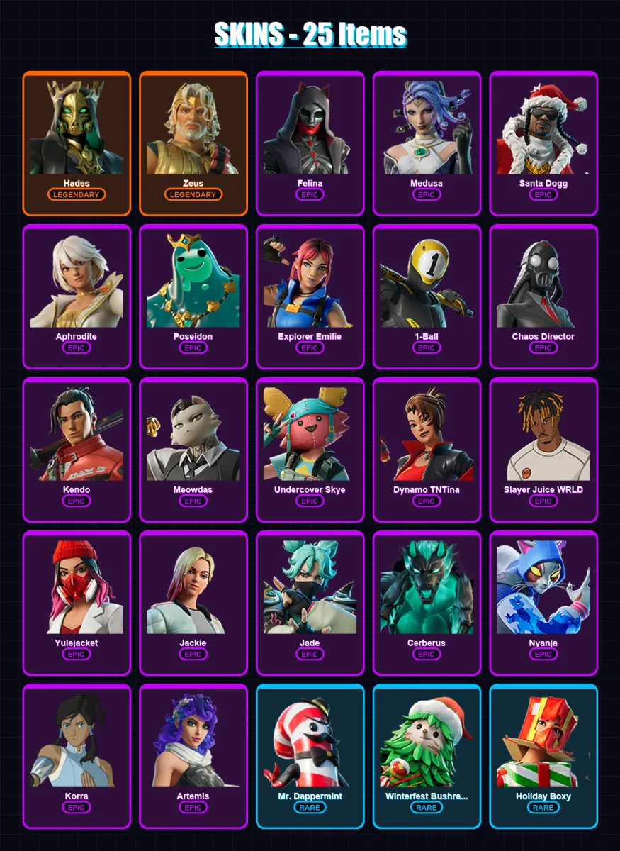 [PC/XBOX/PSN] | Hades | Zeus | Felina | Medusa | Santa Dogg | 25 skin | 42 pickaxe | 26 emote | 34 glider | Lv492