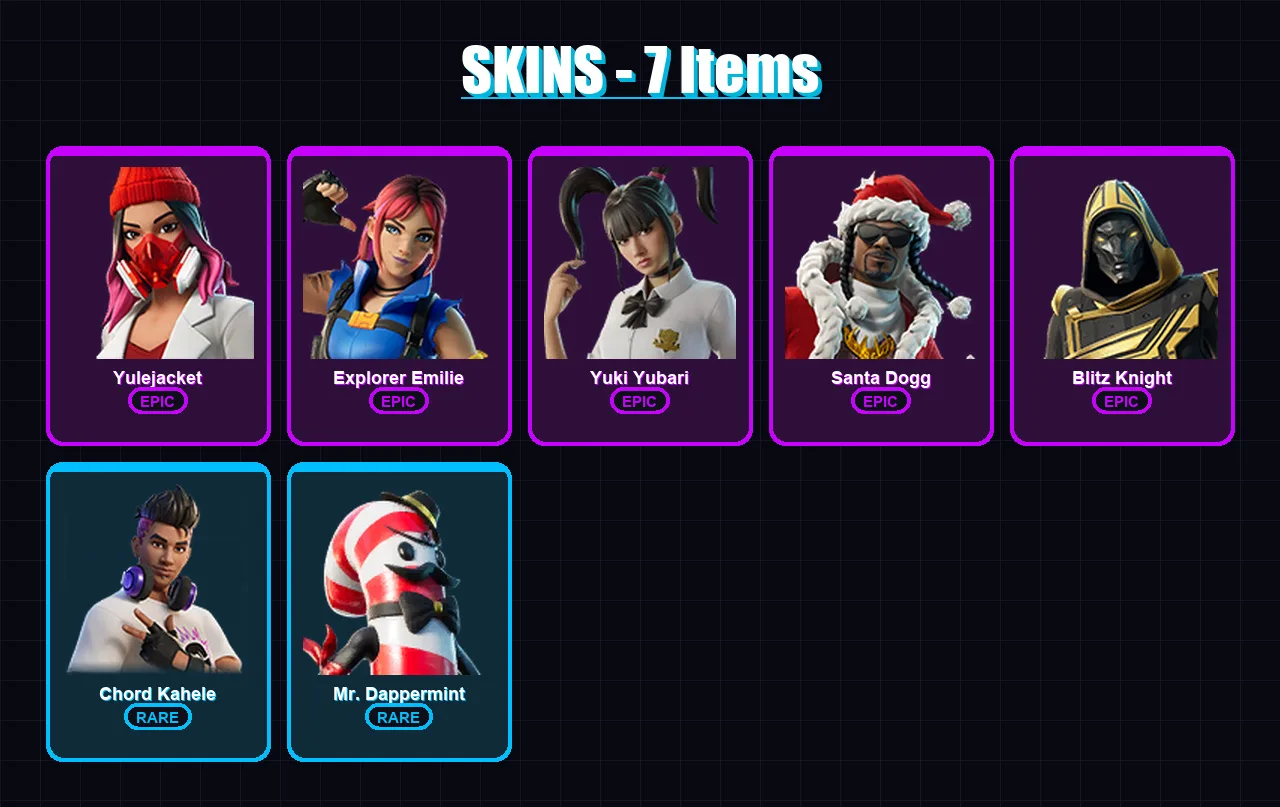 [PC/XBOX] | Yulejacket | Explorer Emilie | Yuki Yubari | Santa Dogg | Blitz Knight | 7 skin | 29 pickaxe | 12 emote | 18 glider | Lv179