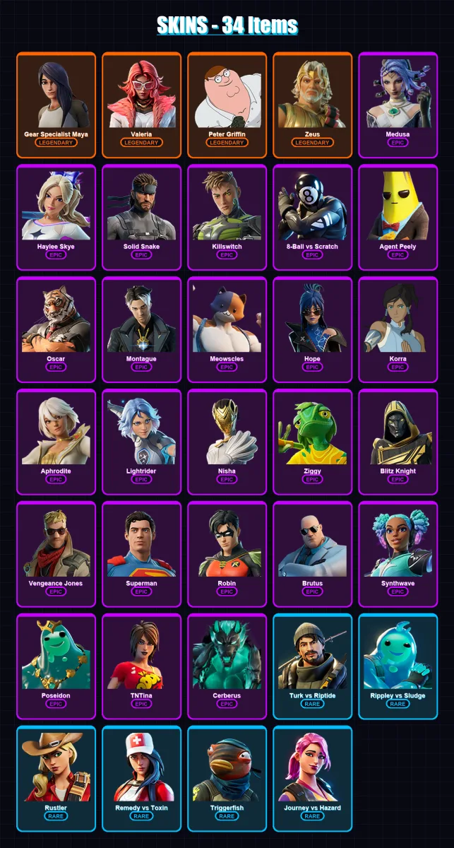 [PC/XBOX/PSN] | Gear Specialist Maya | Valeria | Peter Griffin | Zeus | Medusa | 34 skin | 53 pickaxe | 38 emote | 40 glider | Lv559 — Fortnite account