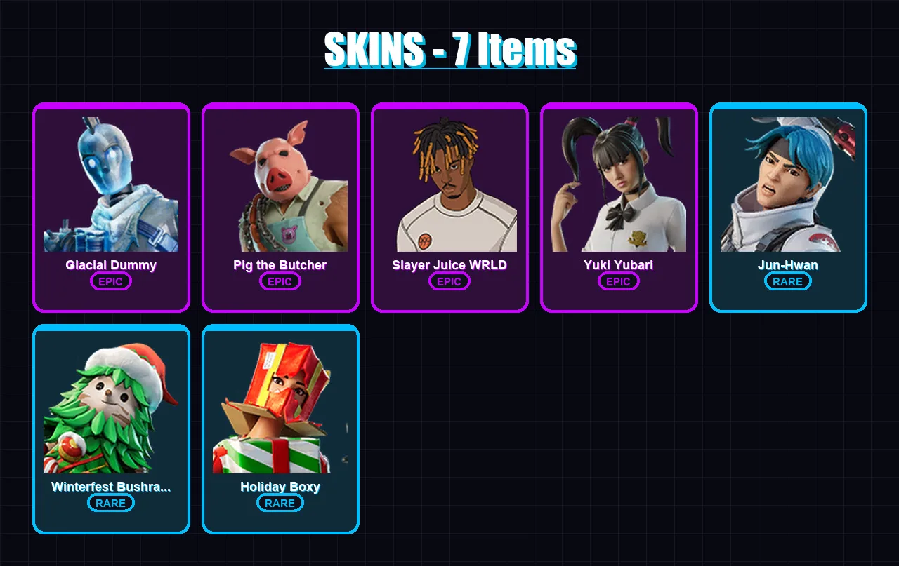[PS4/PS5/XBOX/PC] | Glacial Dummy | Pig the Butcher | Slayer Juice WRLD | Yuki Yubari | Jun-Hwan | 7 skin | 68 pickaxe | 26 emote | 45 glider | Lv80
