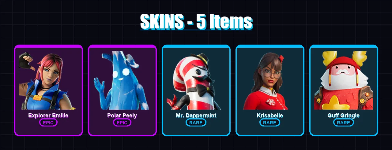 [PC/XBOX/PSN] | Explorer Emilie | Polar Peely | Mr. Dappermint | Krisabelle | Guff Gringle | 5 skin | 8 pickaxe | 7 emote | 6 glider | Lv99