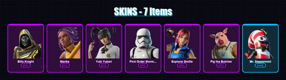 [PC/PSN] | Blitz Knight | Marika | Yuki Yubari | First Order Stormtrooper | Explorer Emilie | 7 skin | 45 pickaxe | 16 emote | 28 glider | Lv239 — main preview