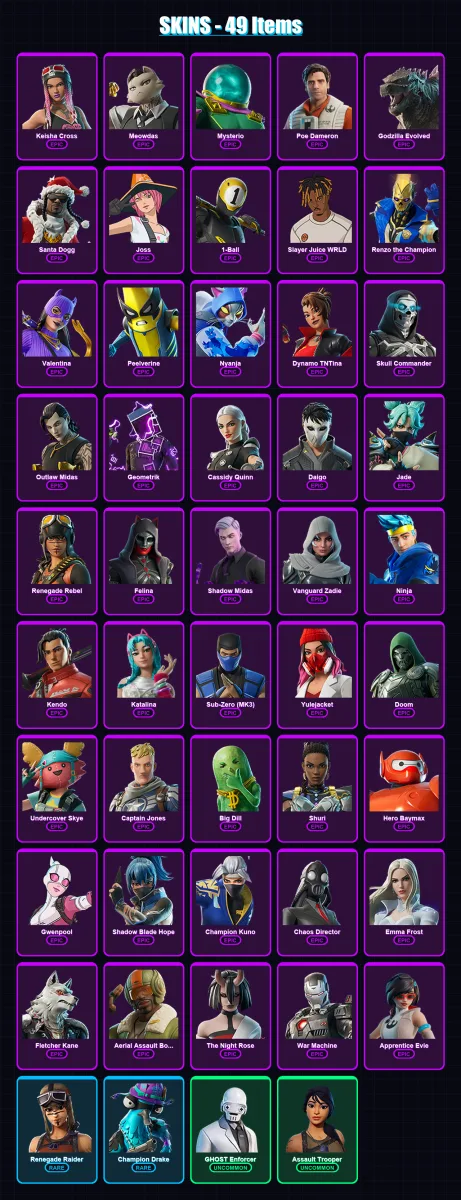 [PC/XBOX/PSN] | Keisha Cross | Meowdas | Mysterio | Poe Dameron | Godzilla Evolved | 49 skin | 83 pickaxe | 61 emote | 57 glider | Lv1147