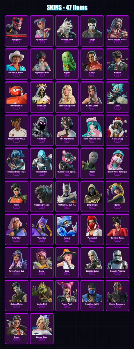 [PC/XBOX/PSN] | Nyangelica | Sparkle Diva | Fletcher Kane | Daigo | Haruka of the Masks | 47 skin | 62 pickaxe | 43 emote | 40 glider | Lv294