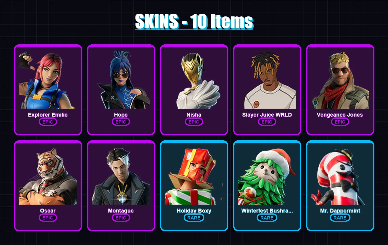 [PC/PSN] | Explorer Emilie | Hope | Nisha | Slayer Juice WRLD | Vengeance Jones | 10 skin | 11 pickaxe | 9 emote | 10 glider | Lv113