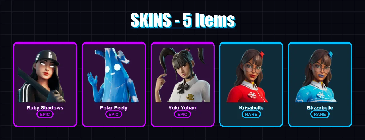 [PC/XBOX] | Ruby Shadows | Polar Peely | Yuki Yubari | Krisabelle | Blizzabelle | 5 skin | 10 pickaxe | 9 emote | 9 glider | Lv190
