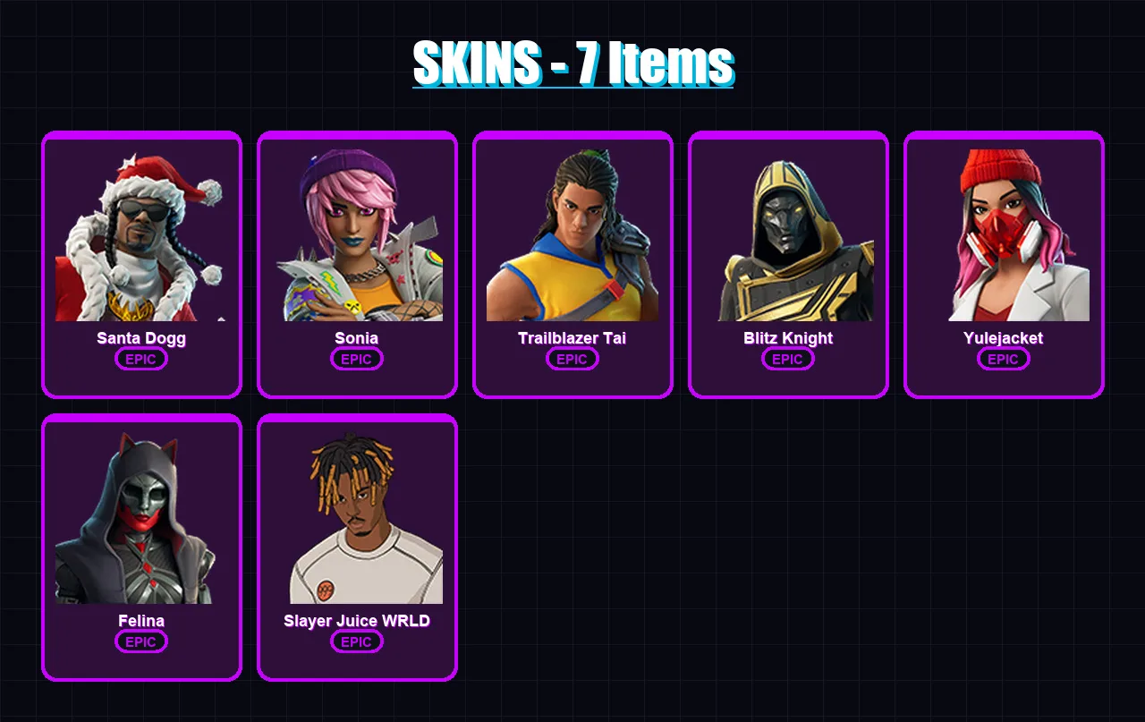 [PC/PSN] | Santa Dogg | Sonia | Trailblazer Tai | Blitz Knight | Yulejacket | 7 skin | 68 pickaxe | 22 emote | 31 glider | Lv1095