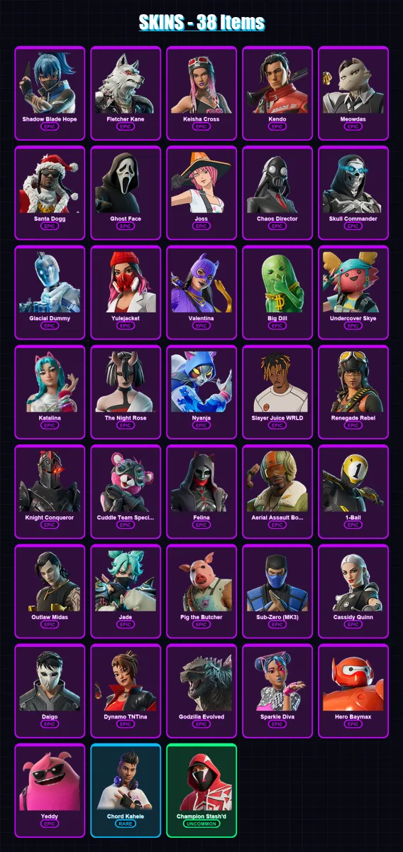 [PC/XBOX/PSN] | Shadow Blade Hope | Fletcher Kane | Keisha Cross | Kendo | Meowdas | 38 skin | 79 pickaxe | 42 emote | 58 glider | Lv801