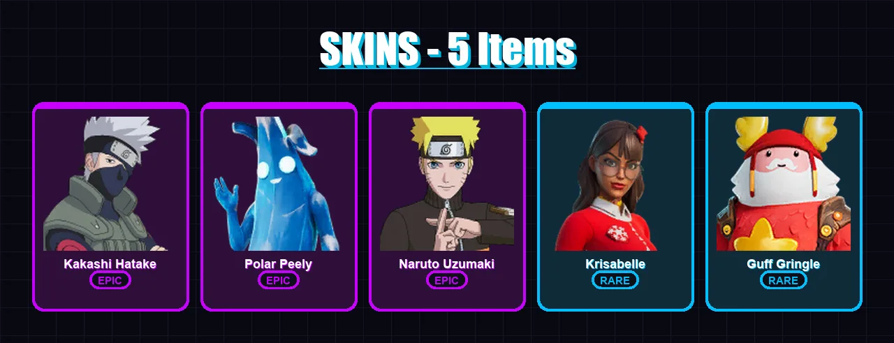 [PC/XBOX/PSN] | Kakashi Hatake | Polar Peely | Naruto Uzumaki | Krisabelle | Guff Gringle | 5 skin | 6 pickaxe | 4 emote | 4 glider | Lv58