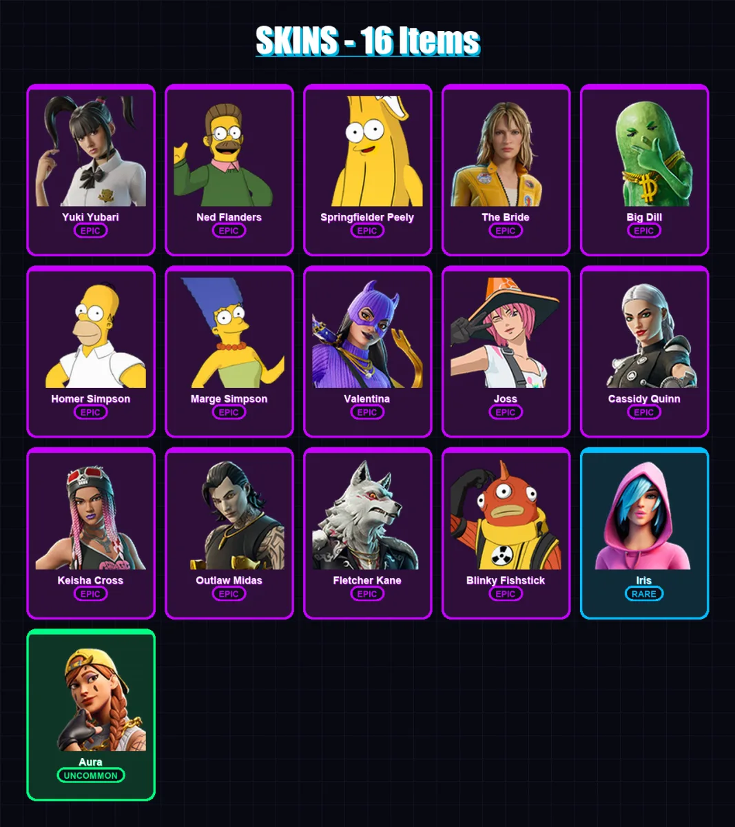 [PC/PSN] | Yuki Yubari | Ned Flanders | Springfielder Peely | The Bride | Big Dill | 16 skin | 29 pickaxe | 22 emote | 25 glider | Lv272