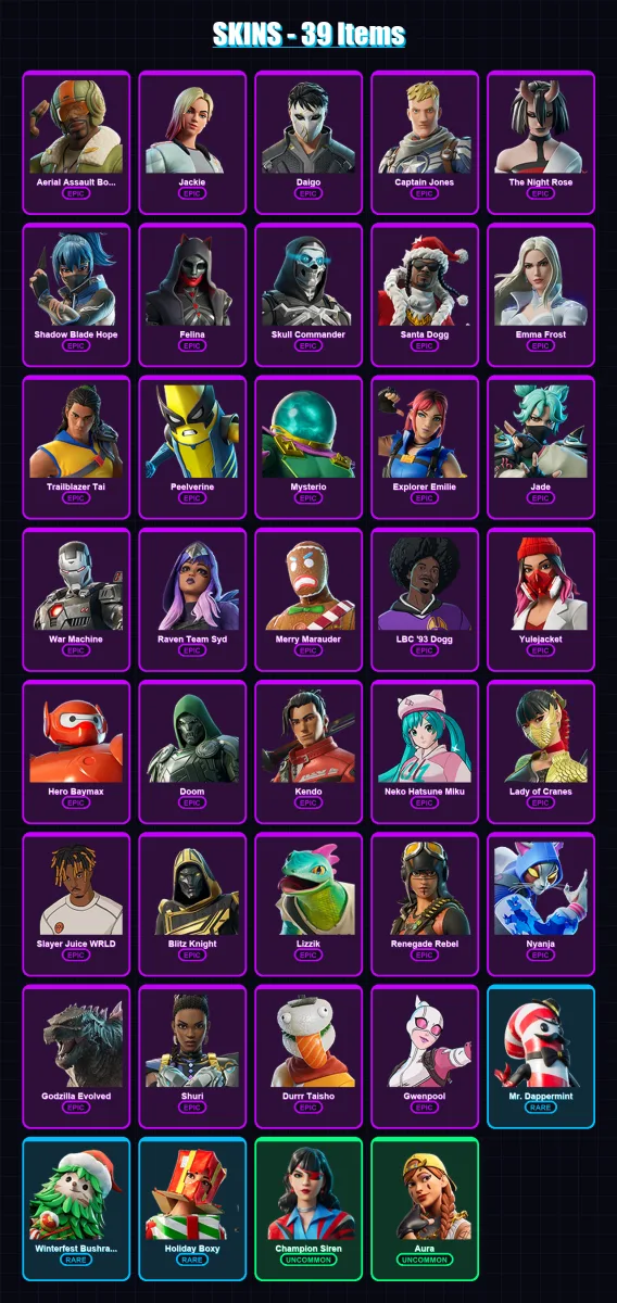 [PC/XBOX/PSN] | Aerial Assault Bomber | Jackie | Daigo | Captain Jones | The Night Rose | 39 skin | 91 pickaxe | 52 emote | 52 glider | Lv1348