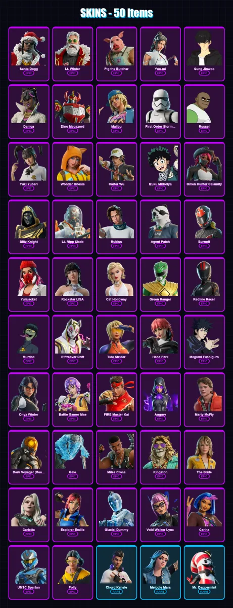 [PC/XBOX/PSN] | Santa Dogg | Lt. Winter | Pig the Butcher | Yoo-mi | Sung Jinwoo | 50 skin | 77 pickaxe | 47 emote | 44 glider | Lv550