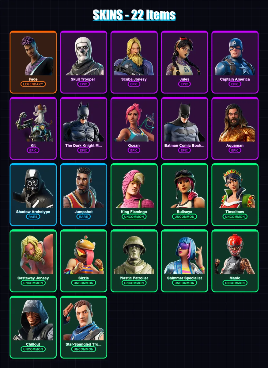 [PC/XBOX/PSN] | Fade | Skull Trooper  | Scuba Jonesy | Jules | Captain America | 22 skin | 12 pickaxe | 13 emote | 11 glider | Lv93 — Fortnite account
