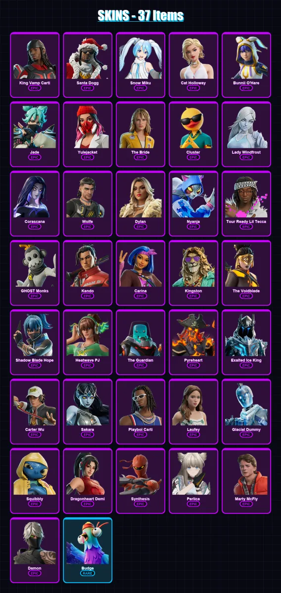 [PC/PSN] | King Vamp Carti | Santa Dogg | Snow Miku | Cat Holloway | Bunnii O'Hare | 37 skin | 57 pickaxe | 35 emote | 33 glider | Lv238