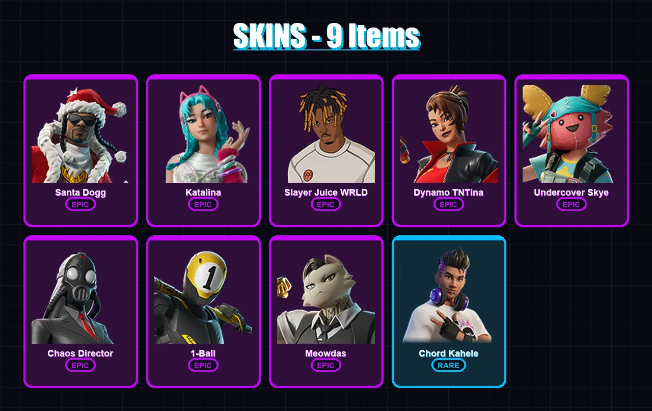 [PC/PSN] | Santa Dogg | Katalina | Slayer Juice WRLD | Dynamo TNTina | Undercover Skye | 9 skin | 20 pickaxe | 7 emote | 7 glider | Lv82