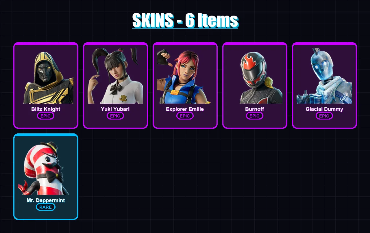 [PC/PSN] | Blitz Knight | Yuki Yubari | Explorer Emilie | Burnoff | Glacial Dummy | 6 skin | 31 pickaxe | 14 emote | 20 glider | Lv350