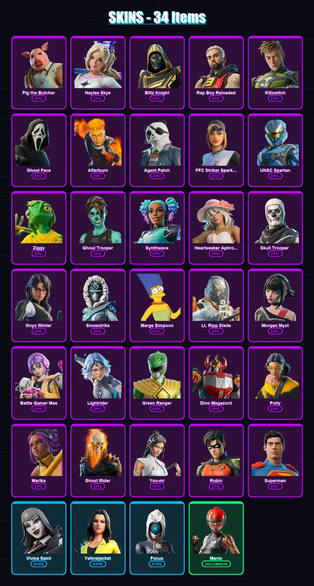 [PC/XBOX/PSN] | Pig the Butcher | Haylee Skye | Blitz Knight | Rap Boy Reloaded | Killswitch | 34 skin | 56 pickaxe | 33 emote | 29 glider | Lv287