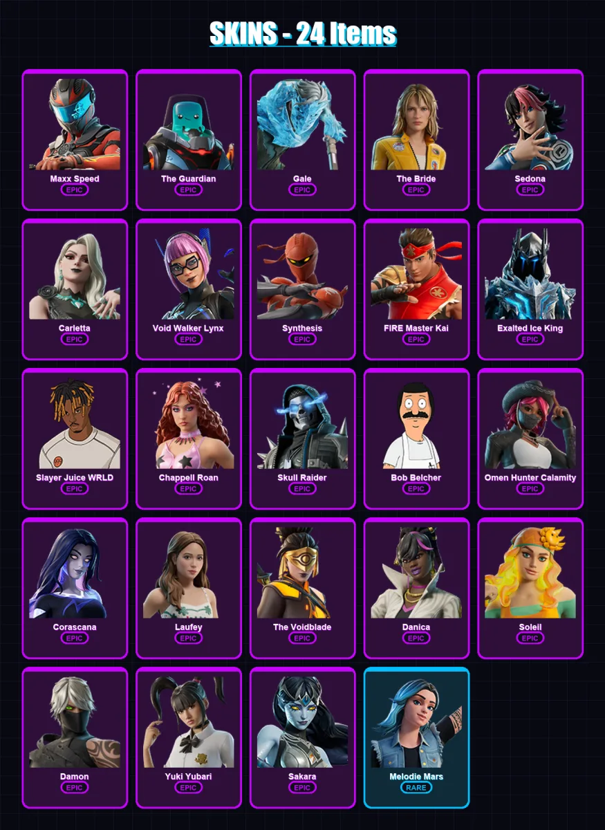 [PC/XBOX/PSN] | Maxx Speed | The Guardian | Gale | The Bride | Sedona | 24 skin | 19 pickaxe | 8 emote | 7 glider | Lv51