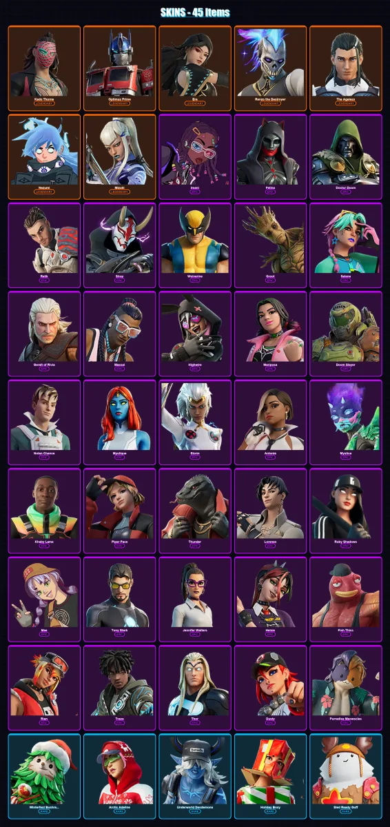[PS4/PS5/XBOX/PC] | Kado Thorne | Optimus Prime | Era | Renzo the Destroyer | The Ageless | 45 skin | 73 pickaxe | 47 emote | 70 glider | Lv1037