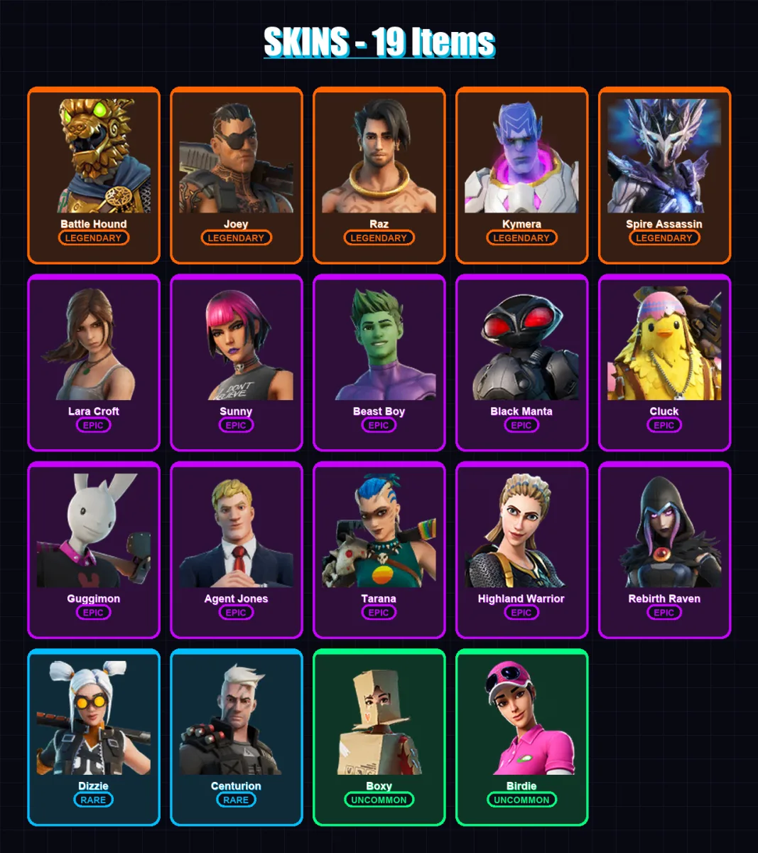 [PC/XBOX/PSN] | Battle Hound | Joey | Raz | Kymera | Spire Assassin | 19 skin | 17 pickaxe | 19 emote | 18 glider | Lv264
