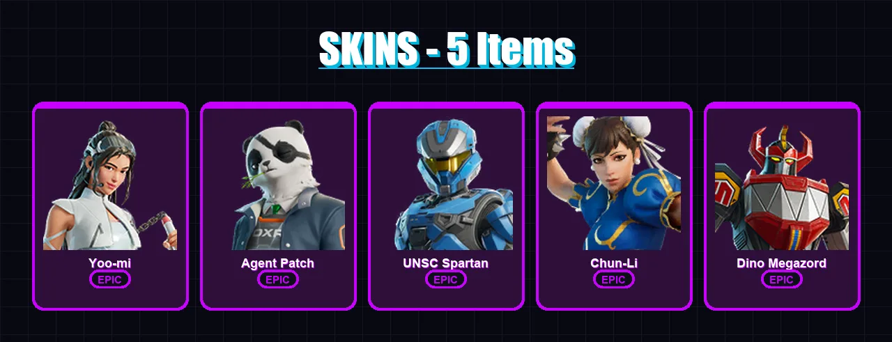 [PC/PSN] | Yoo-mi | Agent Patch | UNSC Spartan | Chun-Li | Dino Megazord | 5 skin | 10 pickaxe | 10 emote | 7 glider | Lv43