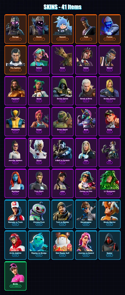 [PC/PSN] | Ravage | Raven | Nezumi | Fade | Fusion | 41 skin | 49 pickaxe | 45 emote | 45 glider | Lv717 — Fortnite account