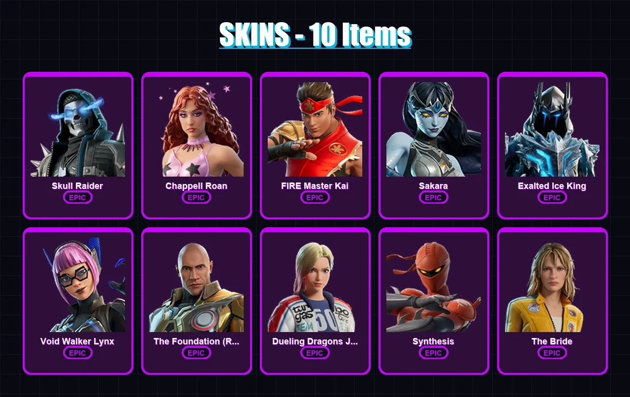 [PC/PSN] | Skull Raider | Chappell Roan | FIRE Master Kai | Sakara | Exalted Ice King | 10 skin | 8 pickaxe | 3 emote | 7 glider | Lv31