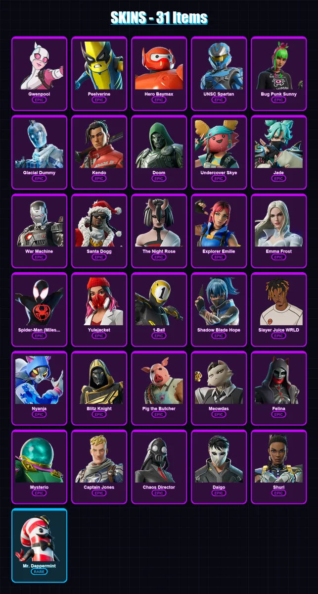 [PC/XBOX/PSN] | Gwenpool | Peelverine | Hero Baymax | UNSC Spartan | Bug Punk Sunny | 31 skin | 81 pickaxe | 43 emote | 47 glider | Lv1132